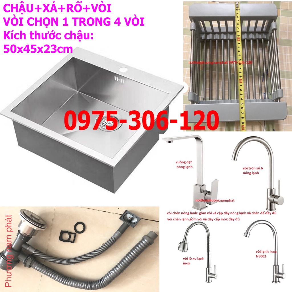 [CHẬU ĐÚC] Chậu Rửa Chén Bát INOX SUS 304 N19 5045 NA.GRAND và Bộ Xả chậu XẢ TO  2 lớp và rổ và vòi rửa chén