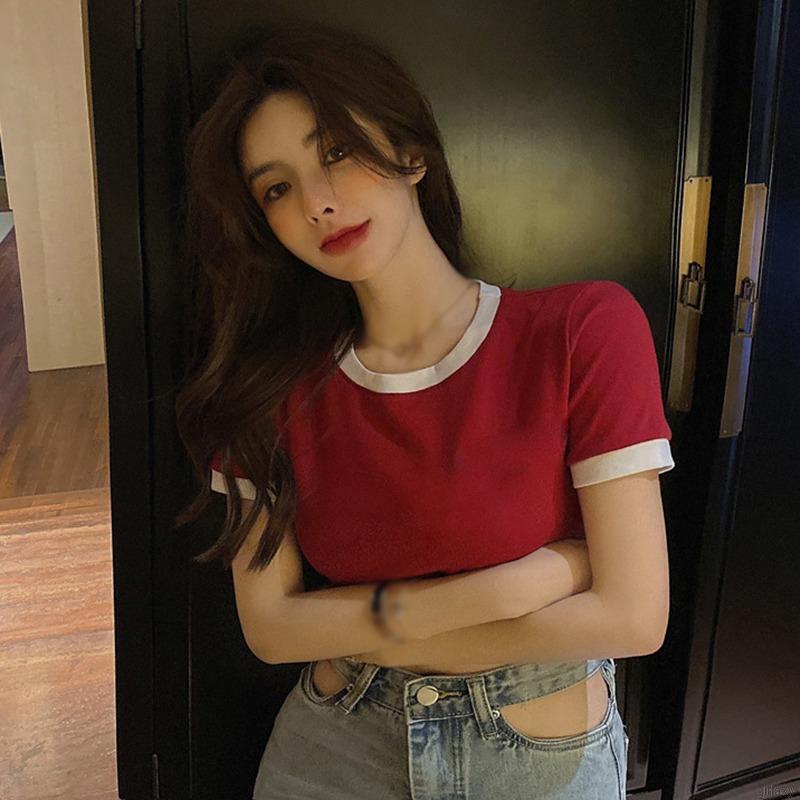Áo thun croptop tay ngắn cổ tròn ôm dáng phong cách Hàn Quốc dành cho nữ