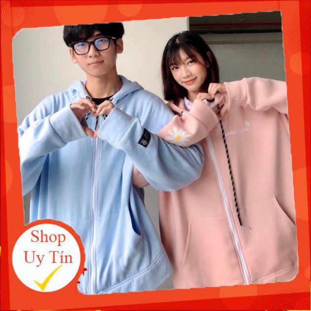 ÁO KHOÁC HOODIE CHỮ A IN LƯNG HOA CÚC XANH HỒNG - ÁO NỈ MŨ ANGEL LAND Couple ULZZANG [ Có sẵn ]