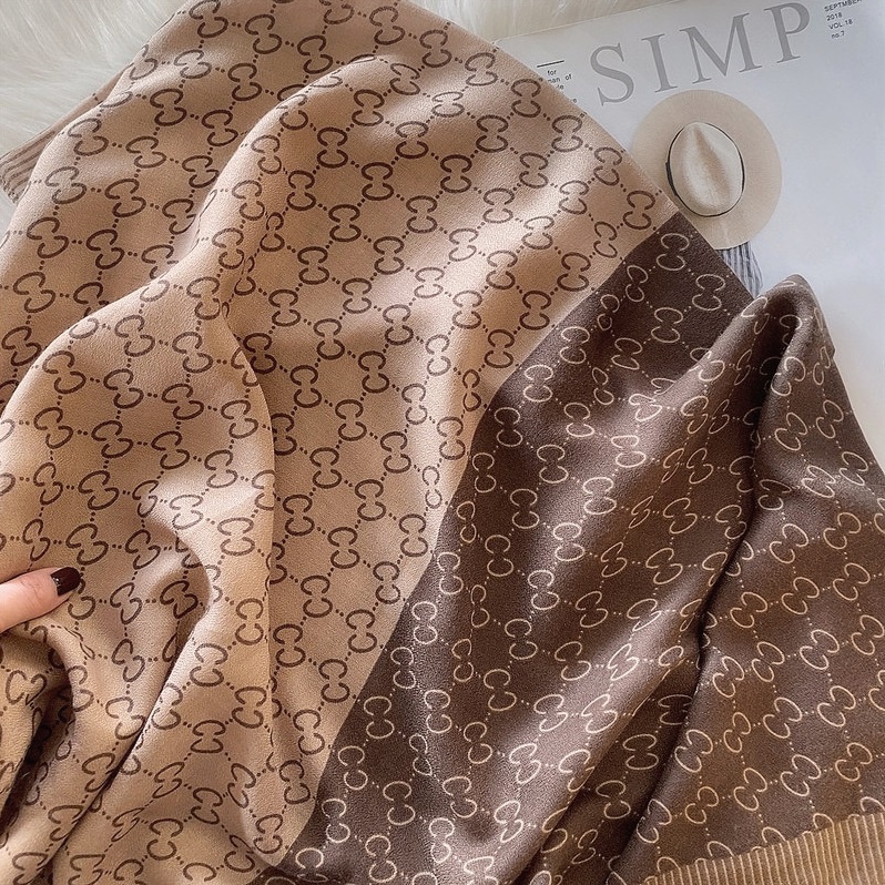 Khăn Choàng Vải Lanh Cao Cấp,Họa Tiết Chữ Cái Màu Nâu, Bản To 180*90,Khăn Lụa Mỏng - KQC7