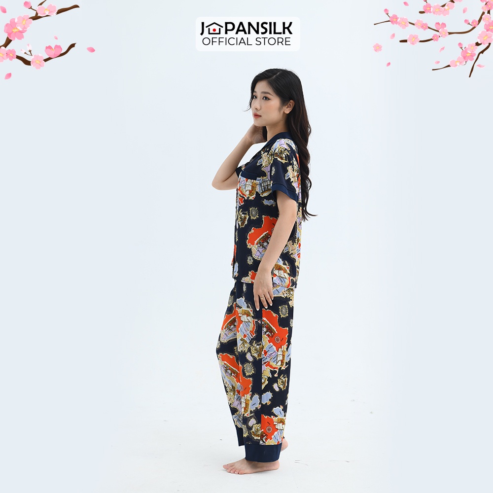 Đồ Bộ Nữ Lụa Satin Pijama Cao Cấp JAPAN SILK Tay Ngắn Quần Dài Họa Tiết Bản Đồ Vintage