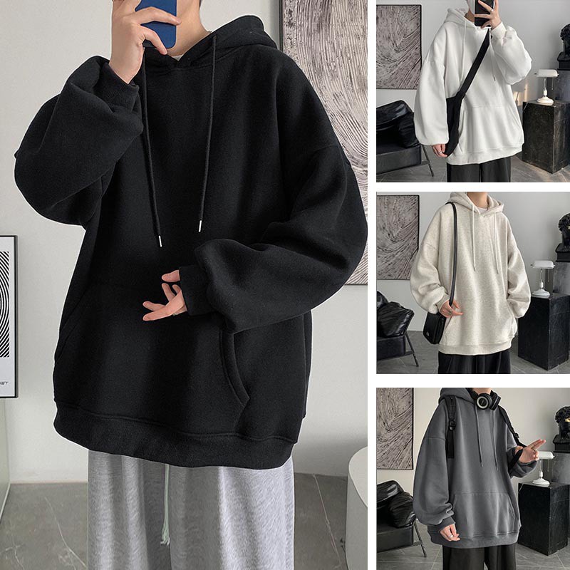 Áo Hoodie Trơn Basic Màu ĐEN TRẮNG XÁM, Áo nỉ Sweater có Mũ 2 lớp chui đầu Form Rộng Chất Liệu Nỉ Bông Dày Dặn