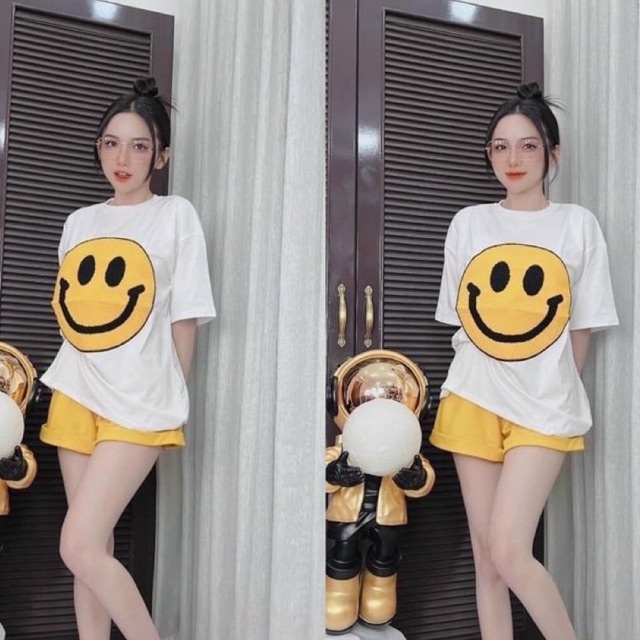 Set bộ áo phông suông mặt cười mix quần sooc vàng siêu đẹp L1 lina