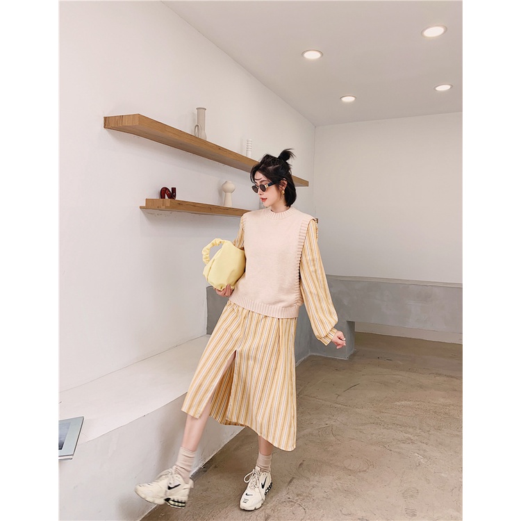 Váy Suông Đầm Suông A2400 set váy soc vàng+ gile be