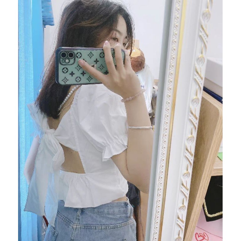 Áo Kiểu Nữ Croptop Tay Ngắn Phối Dây Xích Đính Ngọc Sau Lưng Dễ Thương Cho Nữ