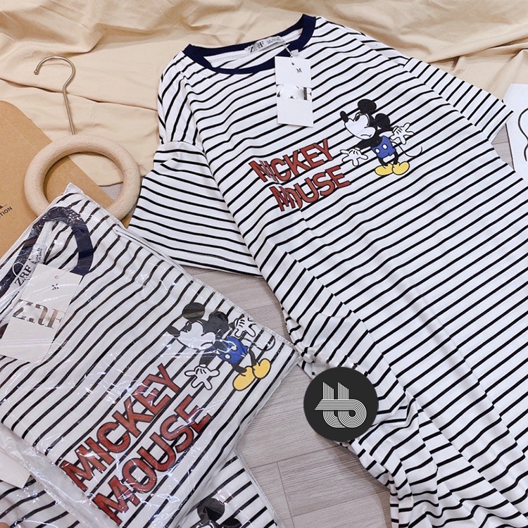 Đầm Kẻ Sọc In Họa Tiết Mickey Váy Ngắn Tay Cổ Tròn Đen Trắng Chất Cotton Thoáng Mát