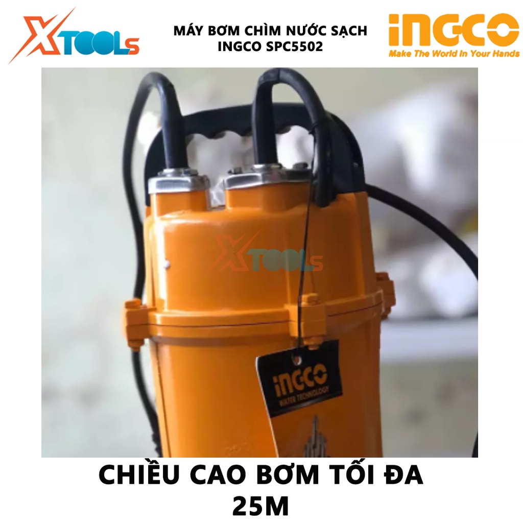 Máy bơm chìm nước sạch INGCO SPC5502 máy bơm mini Điện áp 220-240V ~ 50Hz, Công suất đầu vào 550W(0.75HP) Chiều cao bơm