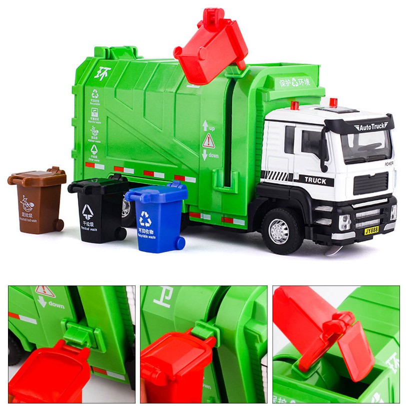 MÔ HÌNH Xe Tải Vệ Sinh, Xe đồ chơi đầu Kim Loại chống va đập, có nhạc và đèn cho bé  | Tặng kèm 4 Thùng Rác mô phỏng