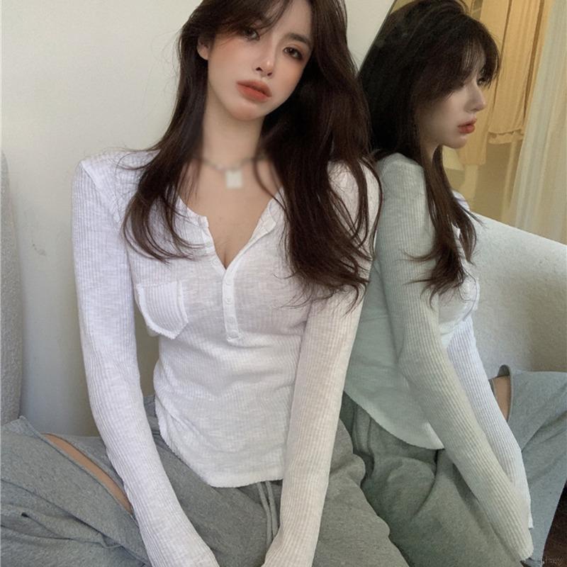 Áo Thun Tay Dài Cổ Chữ V Phong Cách Hàn Quốc Đơn Giản Cho Nữ