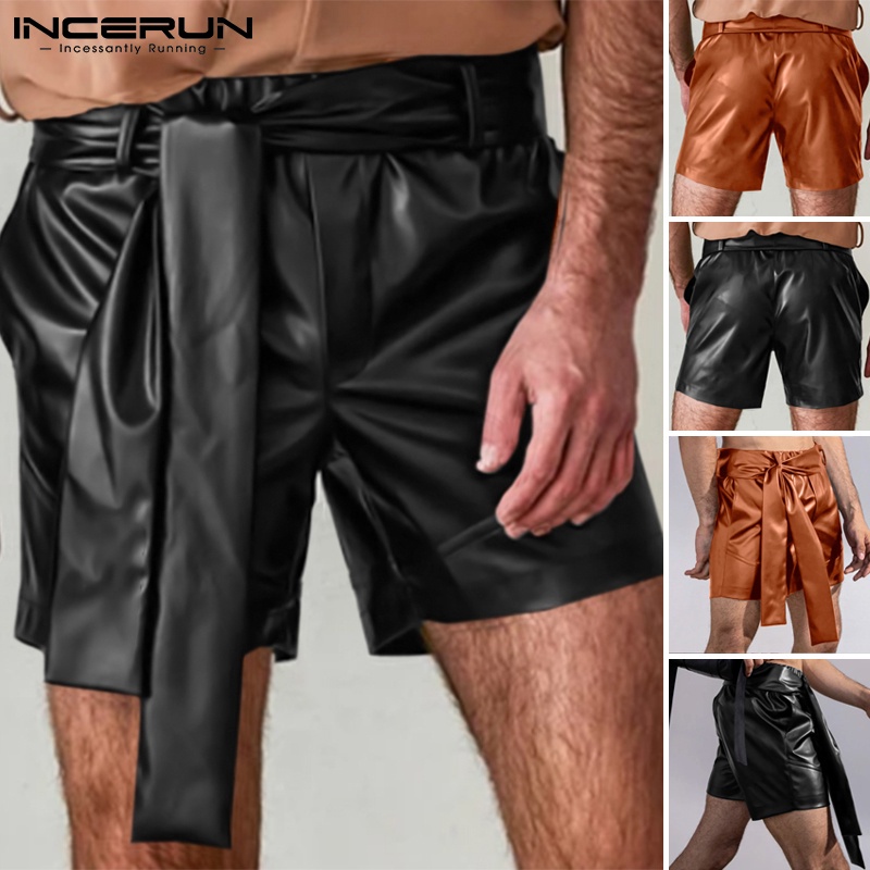 Quần short INCERUN bằng da ống rộng màu trơn eo co giãn buộc thắt lưng phong cách thường ngày cho nam