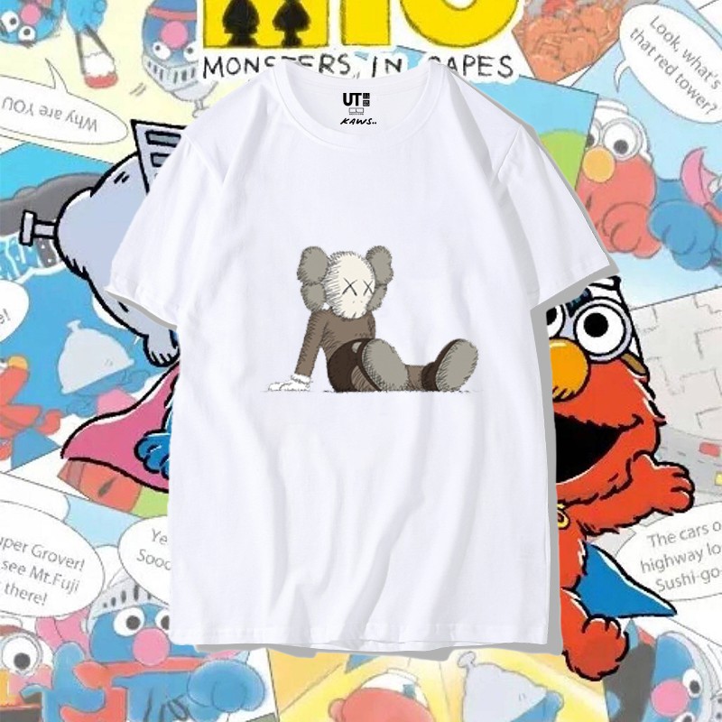 UNIQLO Áo thun cotton ngắn tay dáng rộng họa tiết hoạt hình Sesame Street cá tính cho nam nữ