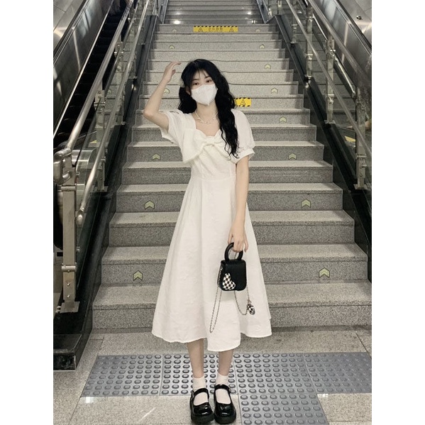 Đầm Trắng Thắt Nơ Eo Phong Cách Hàn Quốc Ngọt Ngào Thời Trang Mùa Hè Hàng Mới Dành Cho