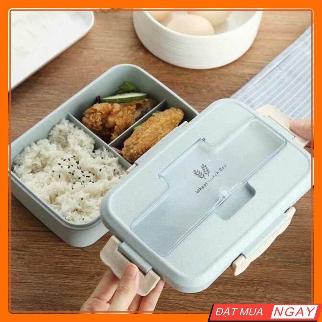 Hộp Cơm Văn Phòng 3 Ngăn Lúa Mạch – Tặng Kèm Đũa Thìa Inox/Lúa Mỳ - Sử Dụng Được Lò Vi Sóng