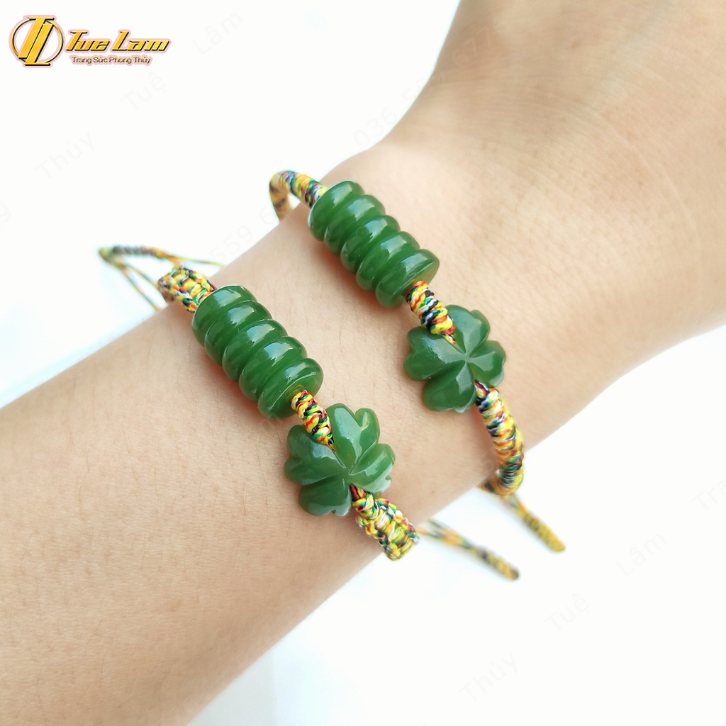 Vòng tay chỉ ngũ sắc bện cỏ 4 lá và ngũ điếu màu xanh lá hợp mệnh hỏa mộc - Tuệ Lâm
