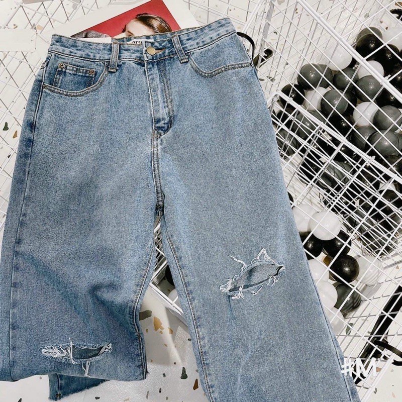 {Có Sẵn} Quần jeans ống suông rách gối kèm hình thật