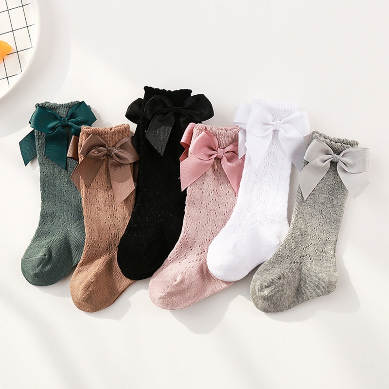 1 Đôi Vớ Dệt Kim Màu Trơn Cổ Cao Đính Nơ Dễ Thương Cho Bé Gái Sơ Sinh