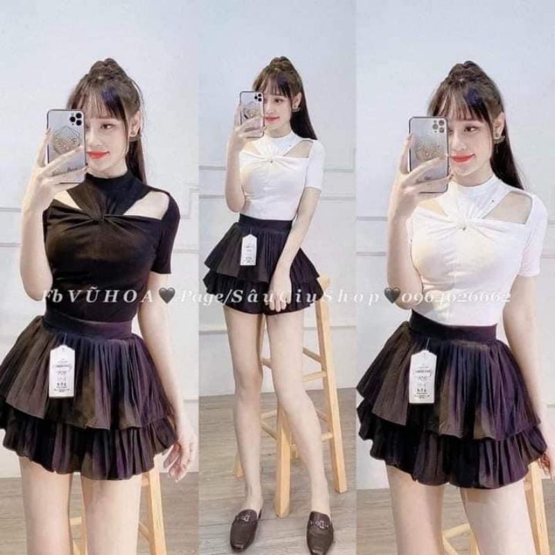 Áo kiểu nữ đẹp sexy xoắn ngực, khoét vai cá tính màu đen, trắng