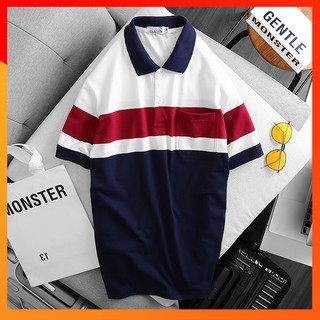 Áo Thun Nam Cổ Bẻ STRONGMAN Freeship Tay Ngắn Phối Sọc Màu PaPa Có Túi, Thun Cotton Mịn 100% Cao Cấp