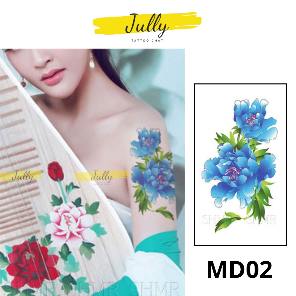 Hình xăm dán hoa mẫu đơn nhỏ JULLY Tattoo chất, miếng dán chống nước, xăm tạm thời 15 ngày, kích thước 10,5x6cm
