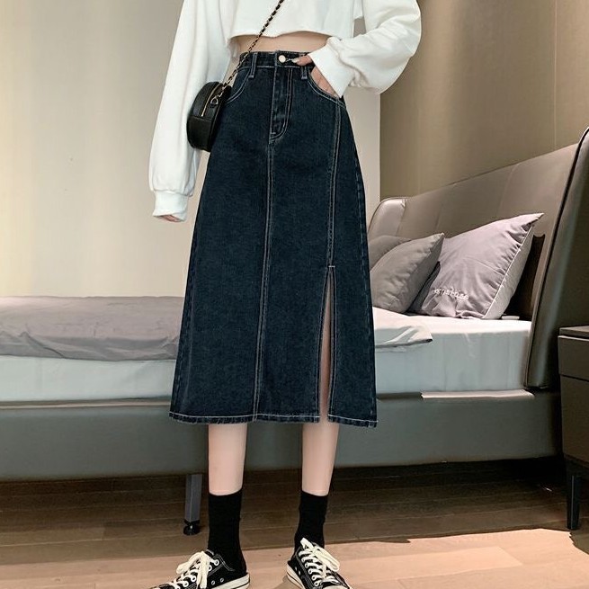 Chân Váy Cạp Cao Dài Qua Gối Xẻ Gấu Phối Viền Nổi Bật Phong Cách Ulzzang | BigBuy360 - bigbuy360.vn