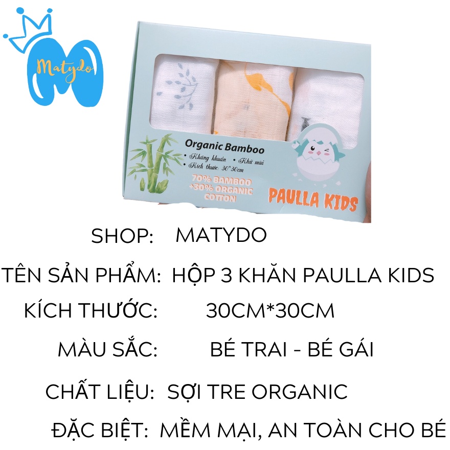 Khăn xô sữa cho bé 6 lớp sợi tre cotton organic cao cấp mềm mại thấm sữa rửa mặt lau mũi hộp 3 khăn Paulla Kids