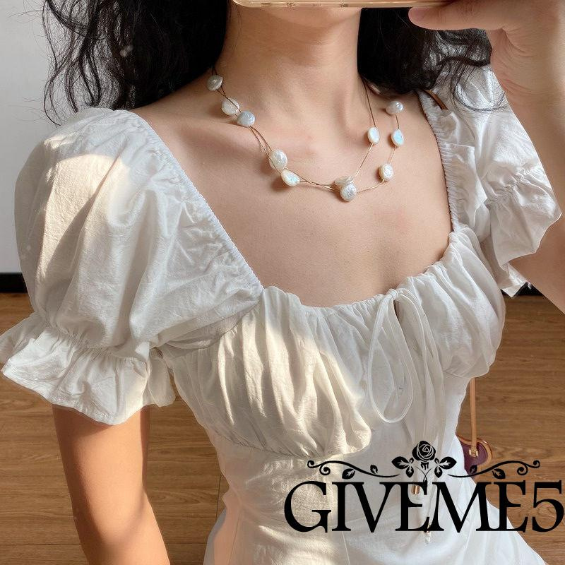 Áo Liền Quần Tay Phồng Cổ Vuông Màu Trơn Thời Trang Cho Nữ