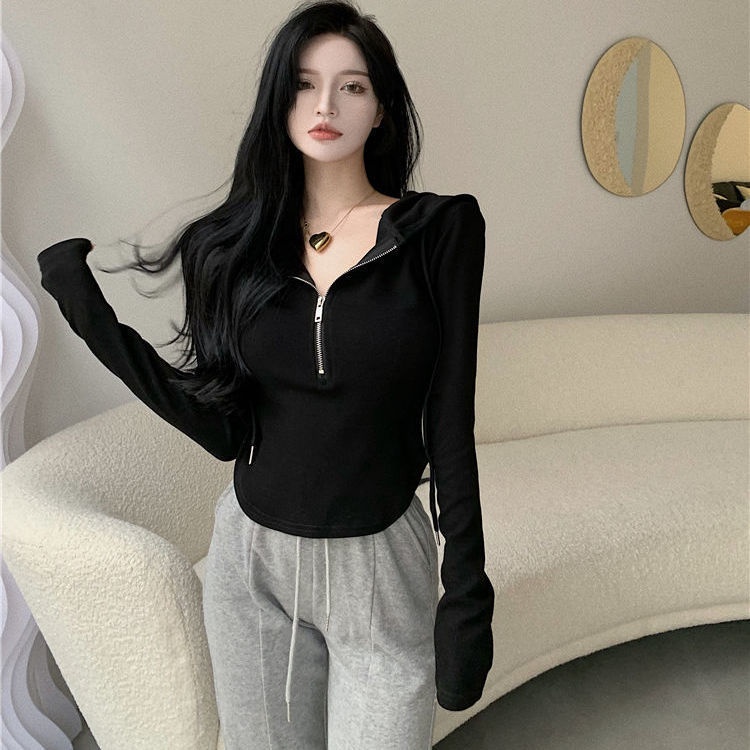 COZOK Áo thun hoodie tay dài phối khoá kéo