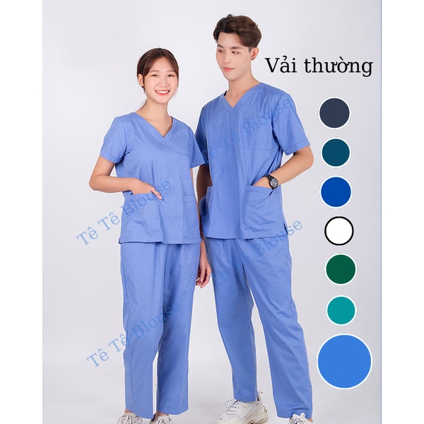 Bộ SCRUBS cổ tim phòng mổ, đồng phục phẫu thuật, Spa, phòng khám, Bác Sĩ, màu XANH LAM - XANH DA TRỜI, chất vải LON mỏng