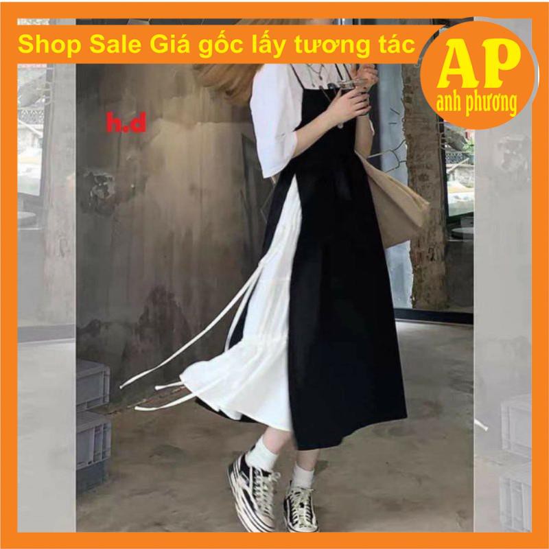 [Mã FAMAYWA2 giảm 10K đơn 50K] Sét Váy 2 dây đi biển buộc eo Vintage Tiểu thư + áo thun trắng phong cách Hàn Quốc | BigBuy360 - bigbuy360.vn