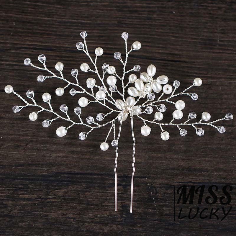 Trâm cài tóc cô dâu trang trí hình hoa lá đính ngọc trai giả thời trang