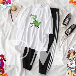 Mix Sét Bộ Đồ Nữ Xinh Cute, Áo Thun Phông Cotton Oganic 3D Ngắn Tay In Cá Sấu Tập Xe + Quần Thun Sọc Bo Gấu Co Giãn