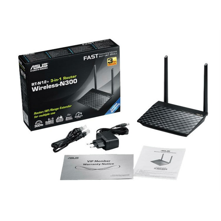 Bộ Phát Wifi Không Dây Asus RT-N12+ 2 Chuẩn N300 Hỗ Trợ Tính Năng Lặp Sóng Băng Tầng