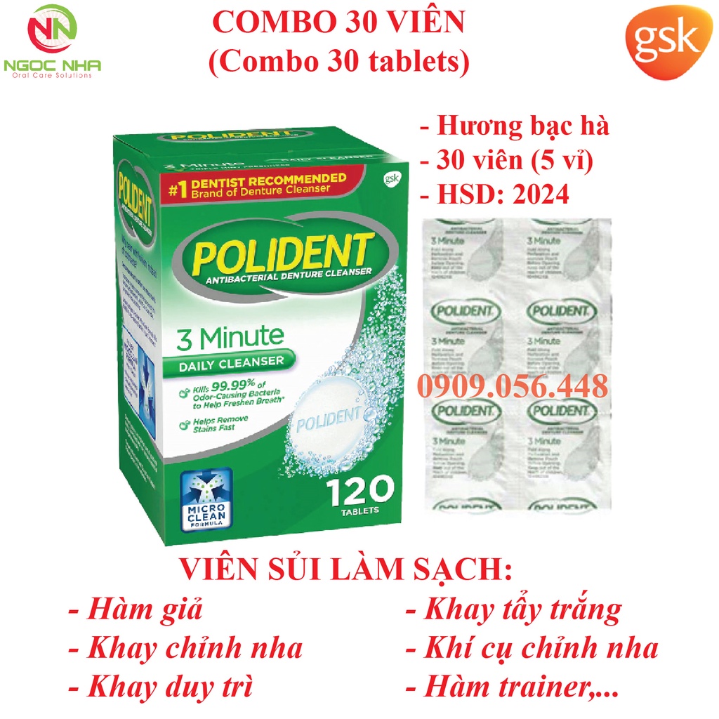 Combo gói 30 viên sủi ngâm làm sạch và vệ sinh hàm giả răng giả hàm tháo lắp, vệ sinh khay chỉnh nha Polident vị bạc hà