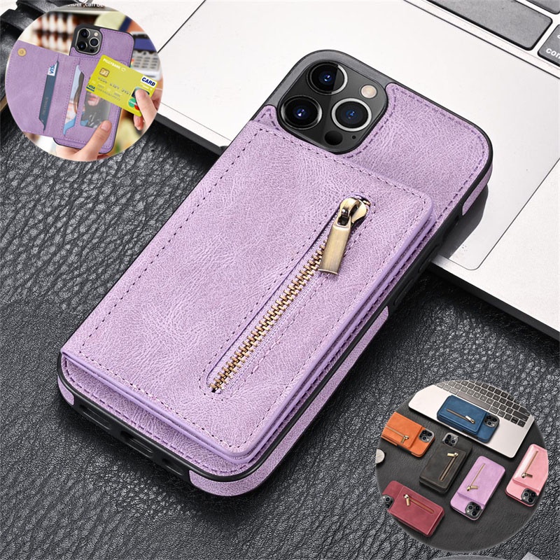 Bao Da Điện Thoại Thời Trang Có Khóa Kéo Và Ngăn Đựng Thẻ Cho For iPhone XR 6 6S 7 8 SE2 SE3 11 Pro Max Đứng