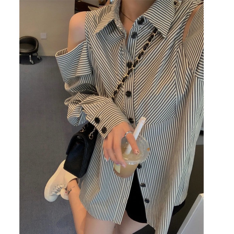 Áo sơ mi RENJIANVSHENG 198524 khoét vai tay dài dáng rộng kẻ sọc phong cách Hàn Quốc thời trang mùa hè