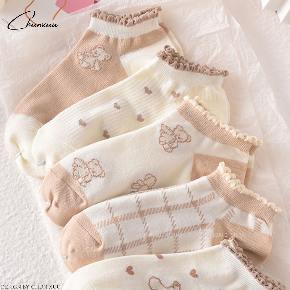 Tất nữ cổ ngắn cổ viền bèo họa tiết gấu dễ thương vải cotton co dãn ChunXuu - T10
