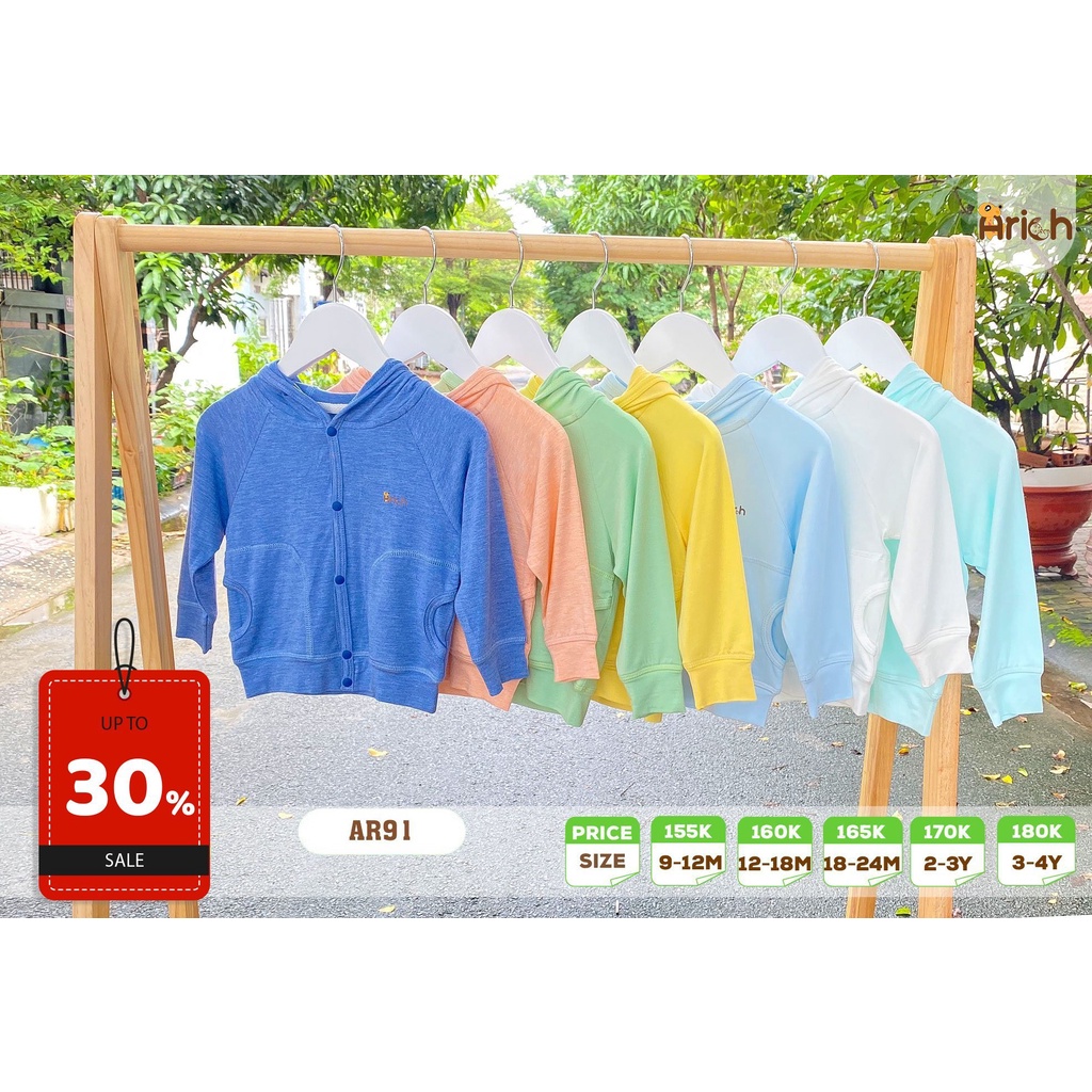 Áo khoác có mũ Arich vải sợi tre (size từ 9-12 tháng đến 3-4 tuổi) cho bé
