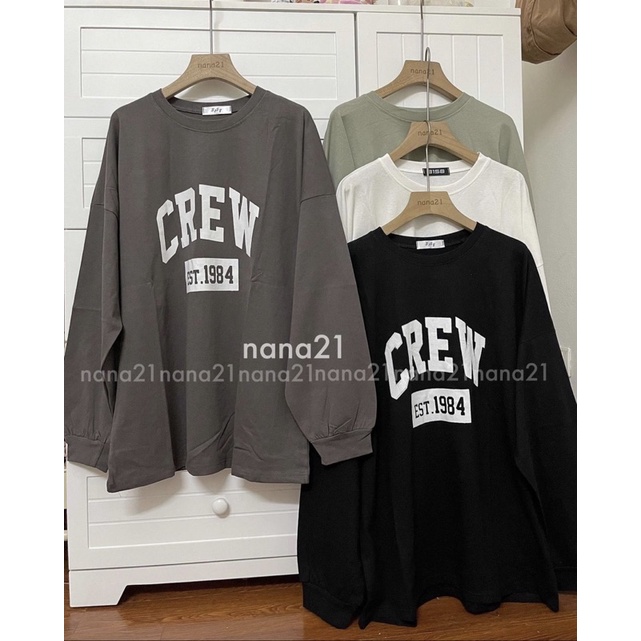 Áo thun dài tay 3158 chữ CREW bo viền 4 màu dáng xuông form oversize Lyn Closet A95L