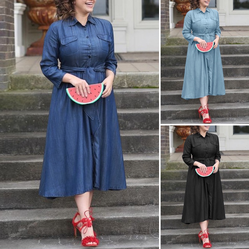 Đầm denim Zanzea tay 3/4 phong cách Âu Mỹ thời trang cho nữ