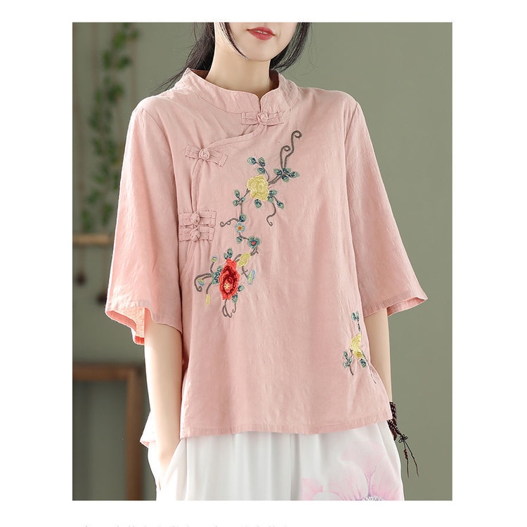 Áo Sơ Mi Cotton Lanh Cổ Đứng Cài Khóa Đĩa Phong Cách Trung Hoa Cổ Điển Thời Trang Xuân Hè 2022 Cho Nữ