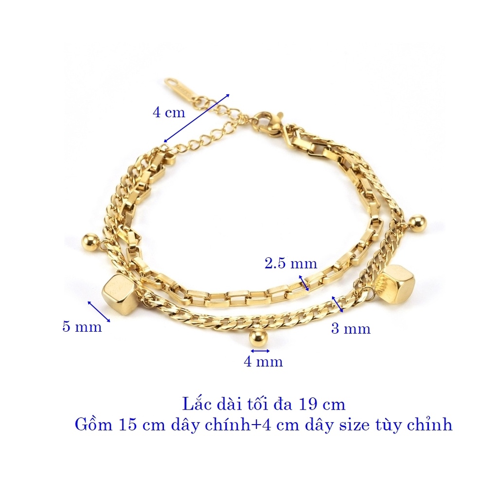 Lắc tay titan nữ 2 lớp cá tính không đen gỉ mặt khối vuông bi tròn