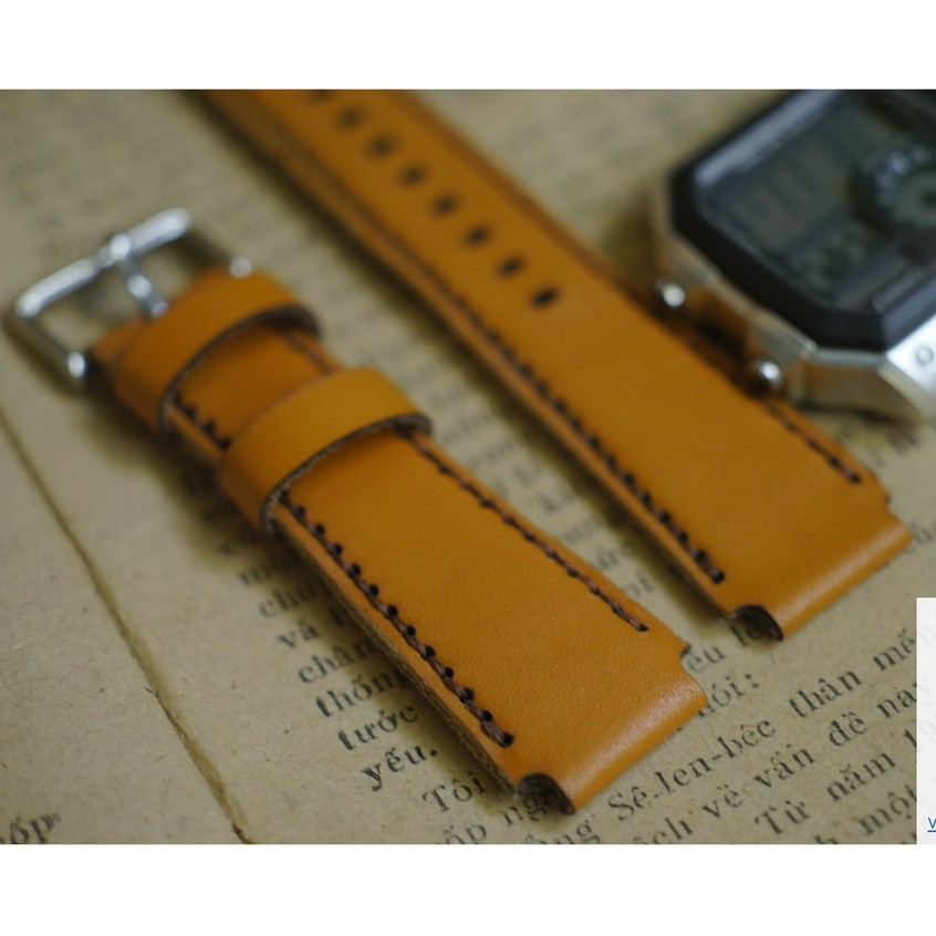 Dây đồng hồ RAM Leather 1988 cho CASIO 1200, AE 1200, 1300, 1100, A159 , A168 , Size 18 da dê thật vàng sáng