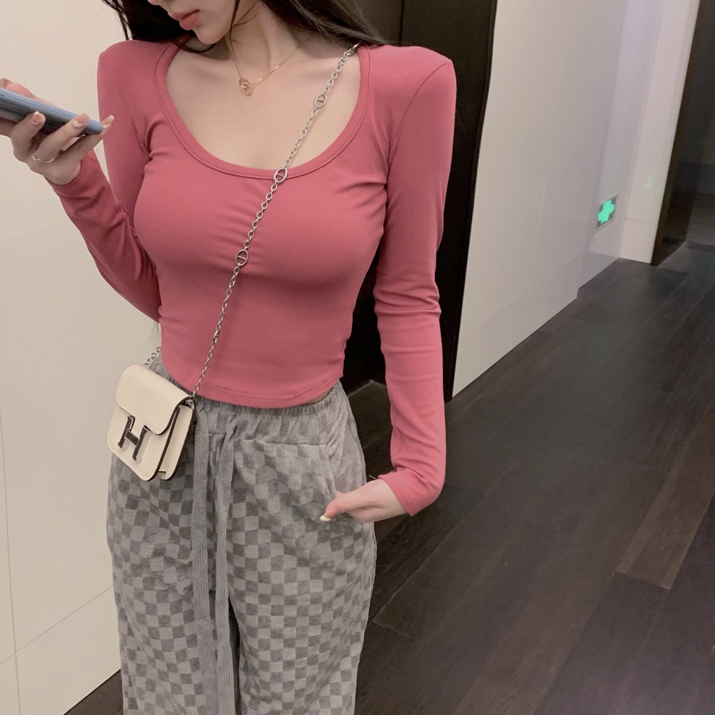 Áo thun COZOK ôm cổ chữ u tay dài màu hồng gợi cảm cho nữ