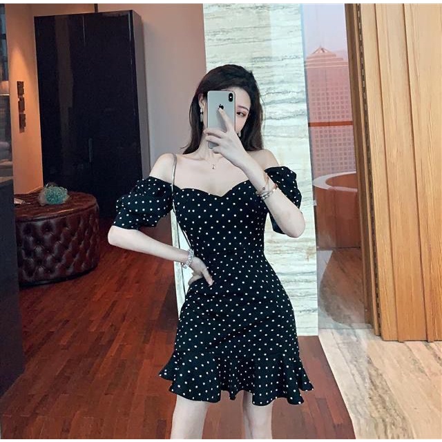 Đầm Tay Phồng Cổ Chữ V Dáng Ôm Họa Tiết Chấm Bi Phong Cách Hàn Quốc Thời Trang Mùa Hè Mới Cho Nữ