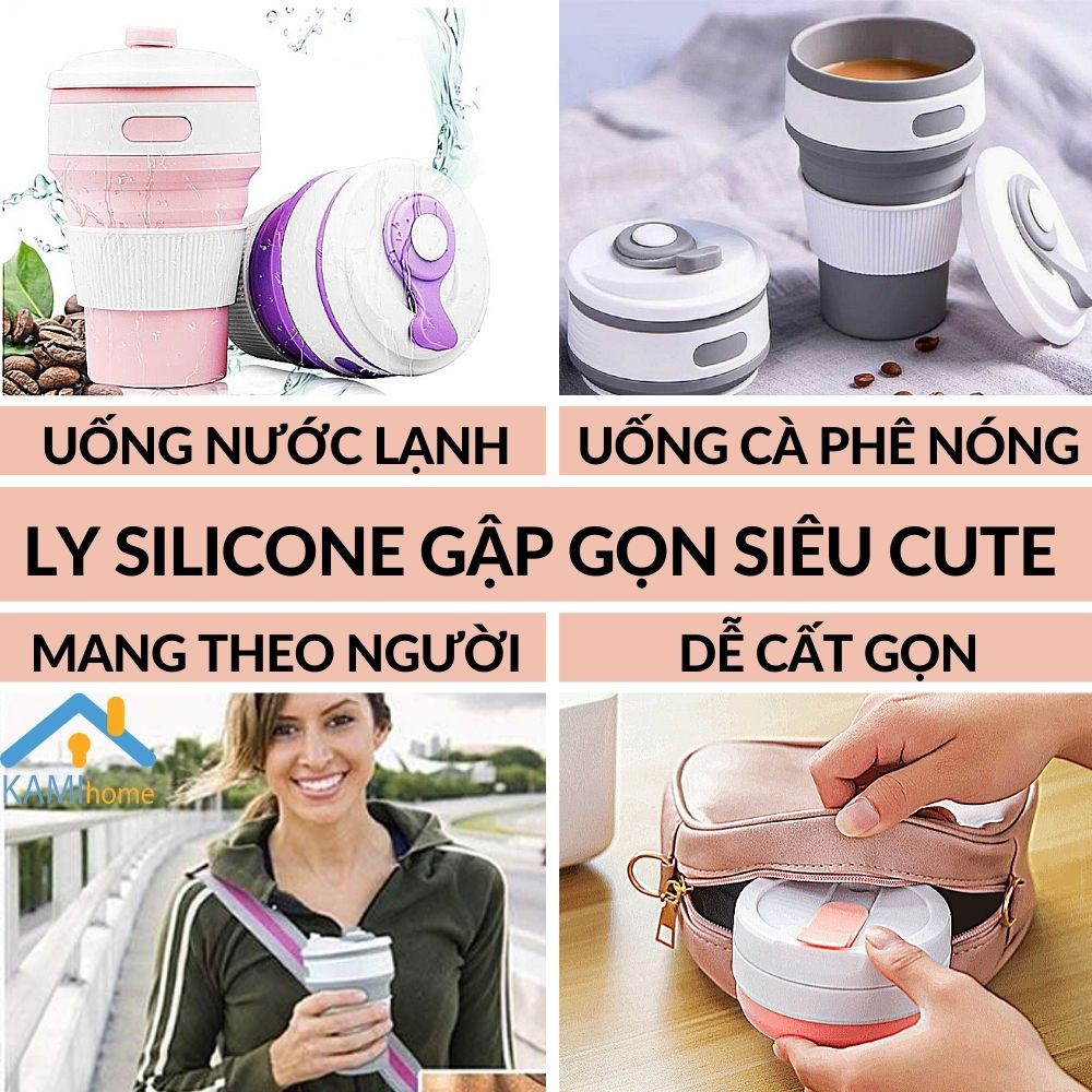 Ly gấp gọn bỏ túi uống nước 350ml có Nắp và Ống hút chất liệu Silicone an toàn và chịu nhiệt Kami 22012