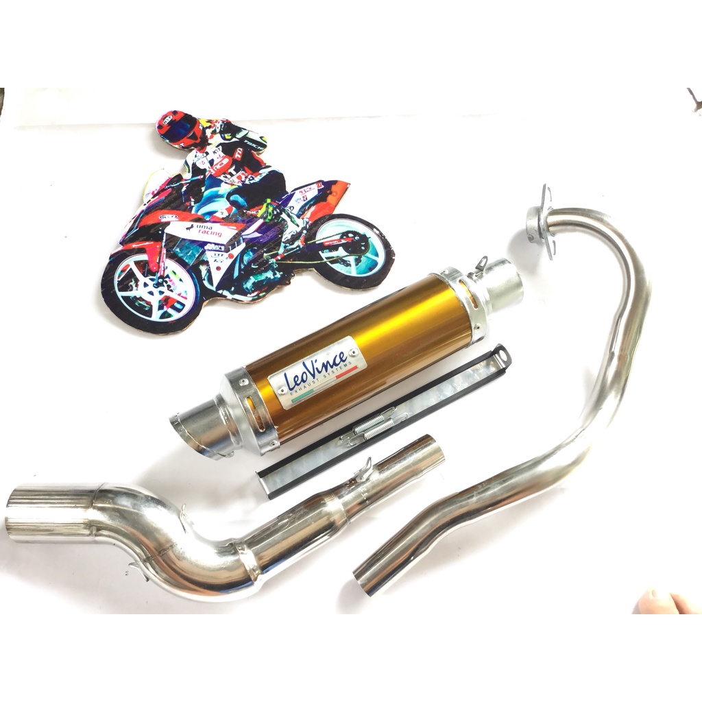 Bộ pô leovince VÀNG full cổ cong 2 KHÚC INOX 304 WAVE, SI, CUP, DREAM, EXCITER, WINER, SONIC, RAIDER FI, SATRIA, GSX