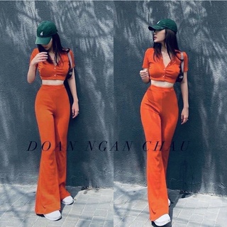 Quần ống rộng cạp cao kèm áo thun gân cổ sơ mi croptop EDNA OOTD