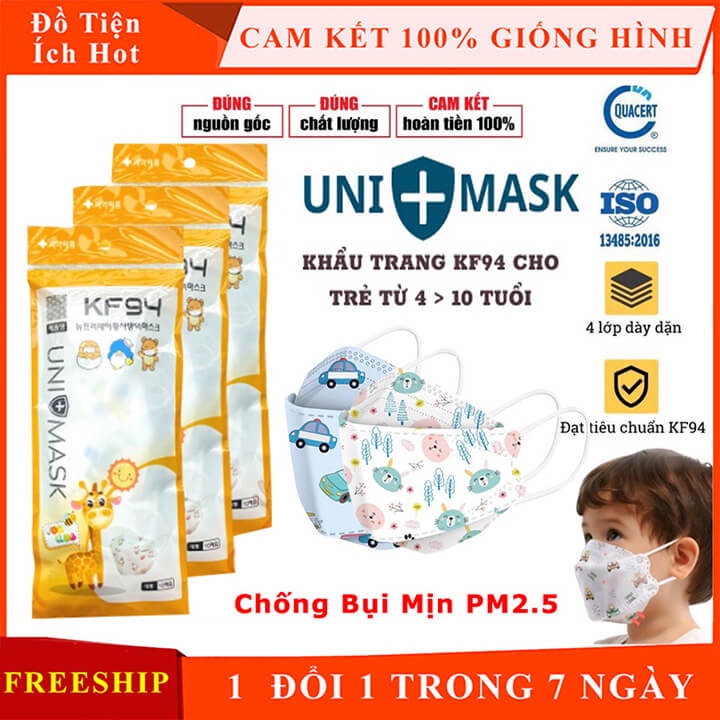 Khẩu trang trẻ em 4 lớp KF94 Uni Mask công nghệ Hàn Quốc, khẩu trang 4D kháng khuẩn, chống bụi mịn bảo vệ hô hấp cho bé