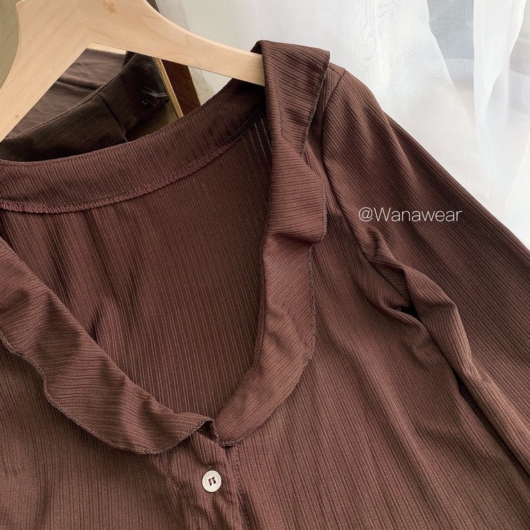 Áo sơ mi cổ V dáng dài áo thun body WANAWEAR phong cách retro cổ điển quyến rũ