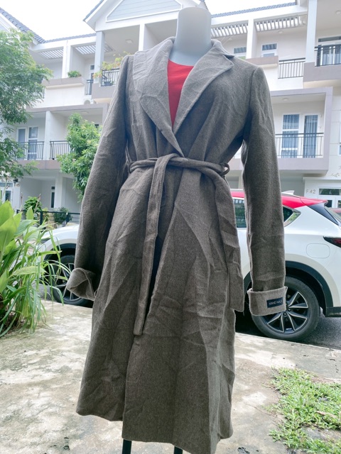 Áo khoát dạ ép dáng dài màu xám cột eo